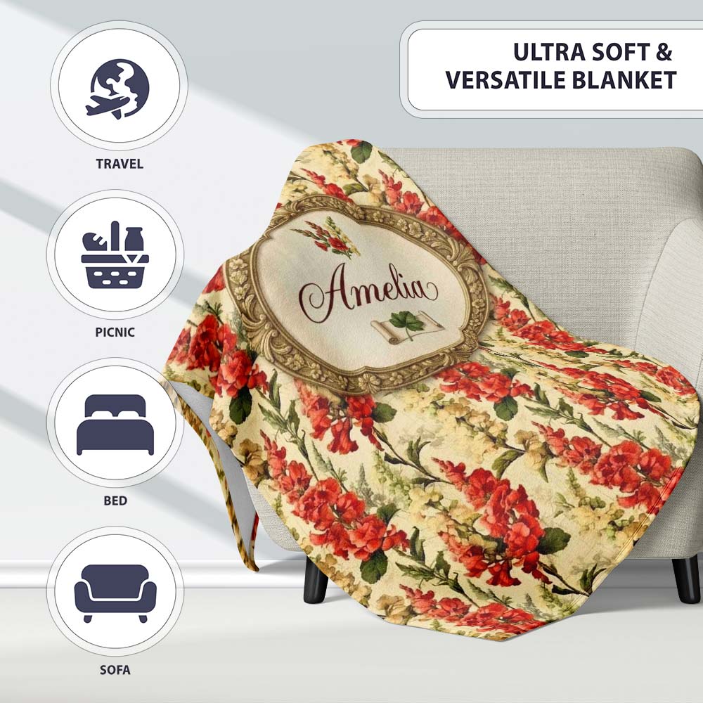 Classic Red Floral Stripe Pattern with Soft Cream Flowers on Beige Personalised Custom Name Super Soft Fleece Blanket Bed Sofa Throw
