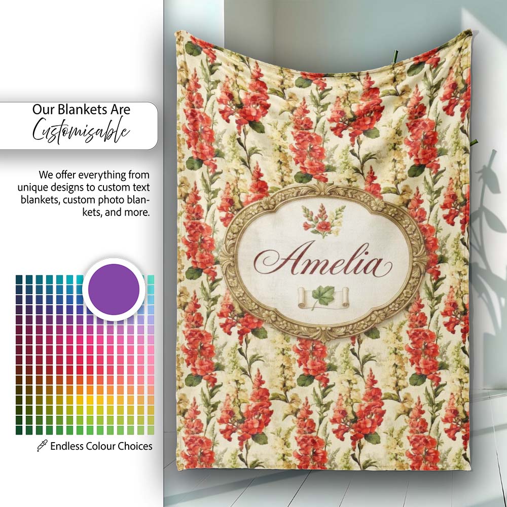 Classic Red Floral Stripe Pattern with Soft Cream Flowers on Beige Personalised Custom Name Super Soft Fleece Blanket Bed Sofa Throw