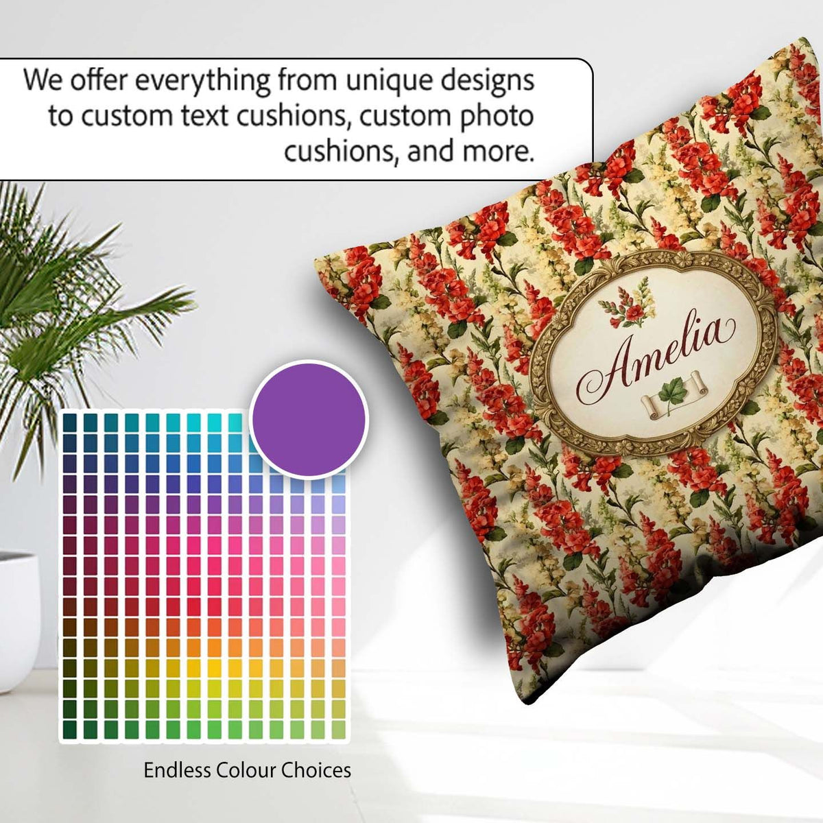 Custom Name Classic Red Floral Stripe Pattern with Soft Cream on Square Filled Cushion Throw Pillow Sofa Bed Home Decor Zip Washable UK Made