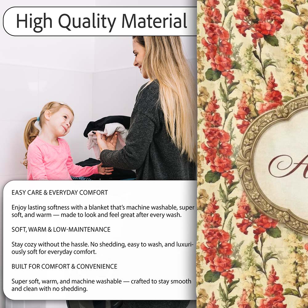 Classic Red Floral Stripe Pattern with Soft Cream Flowers on Beige Personalised Custom Name Super Soft Fleece Blanket Bed Sofa Throw