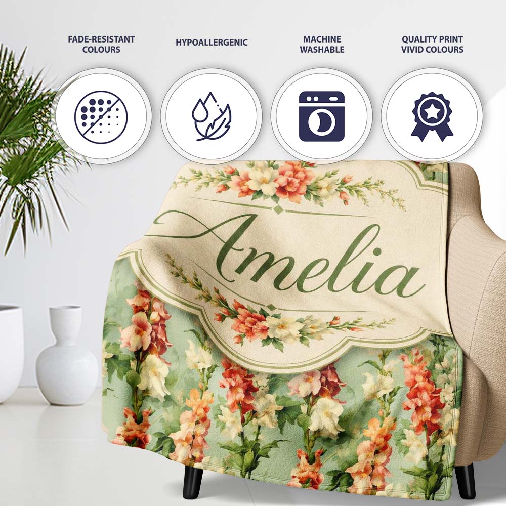 Soft Mint Green Floral Stripe Pattern with Peach and Cream Blossoms Personalised Custom Name Super Soft Fleece Blanket Bed Sofa Throw