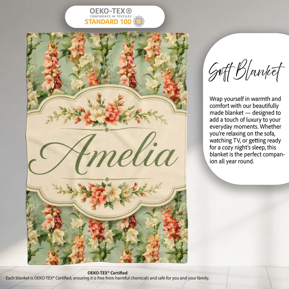Soft Mint Green Floral Stripe Pattern with Peach and Cream Blossoms Personalised Custom Name Super Soft Fleece Blanket Bed Sofa Throw