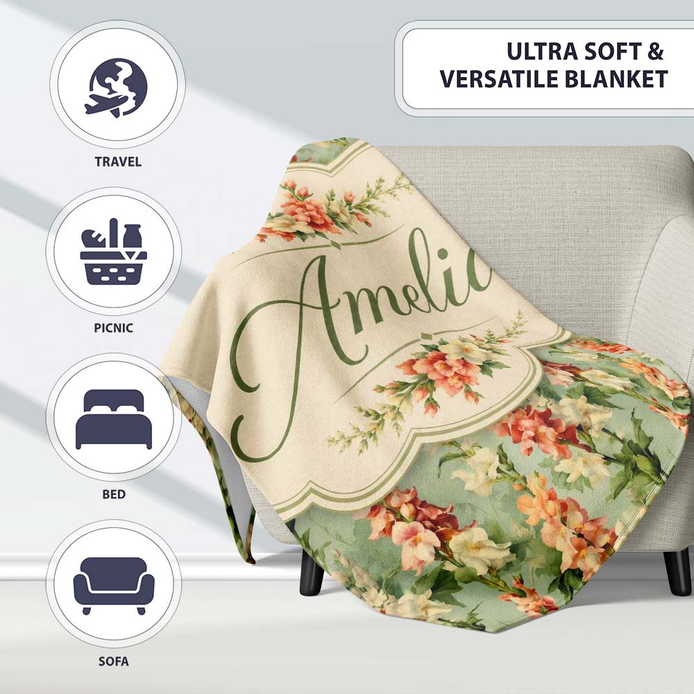 Soft Mint Green Floral Stripe Pattern with Peach and Cream Blossoms Personalised Custom Name Super Soft Fleece Blanket Bed Sofa Throw