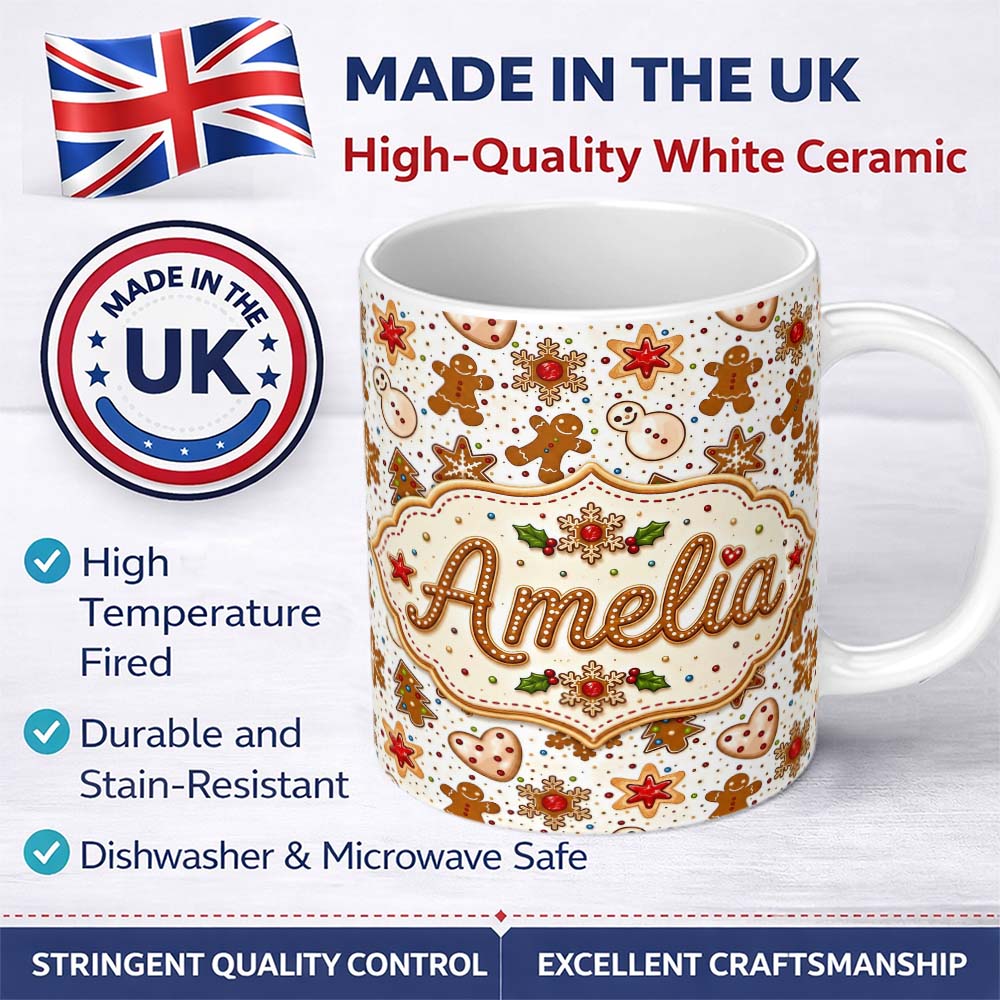 Personalized Custom Name Gingerbread Cookies Snowman Star Christmas Seamless Pattern Lovely 11oz Ceramic Coffee Tea Mug White Large Handle