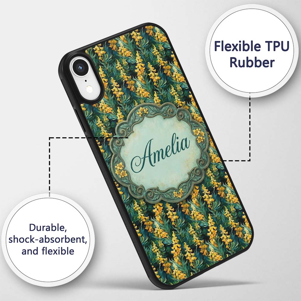 Rich Dark Botanical Pattern with Golden Yellow Custom Name Protective Phone Case Mobile Cover Durable Everyday Smartphone Shock Resistant