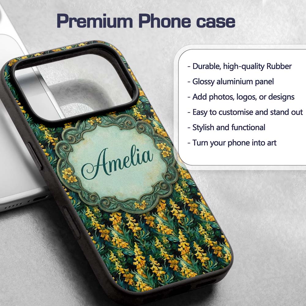 Rich Dark Botanical Pattern with Golden Yellow Custom Name Protective Phone Case Mobile Cover Durable Everyday Smartphone Shock Resistant