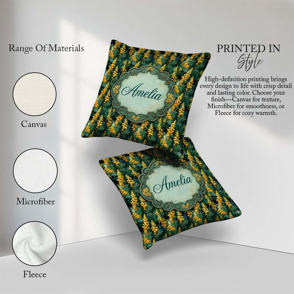 Custom Name Rich Dark Pattern with Golden Yellow Flowers on Deep Square Filled Cushion Throw Pillow Sofa Bed Home Decor Zip Washable UK Made