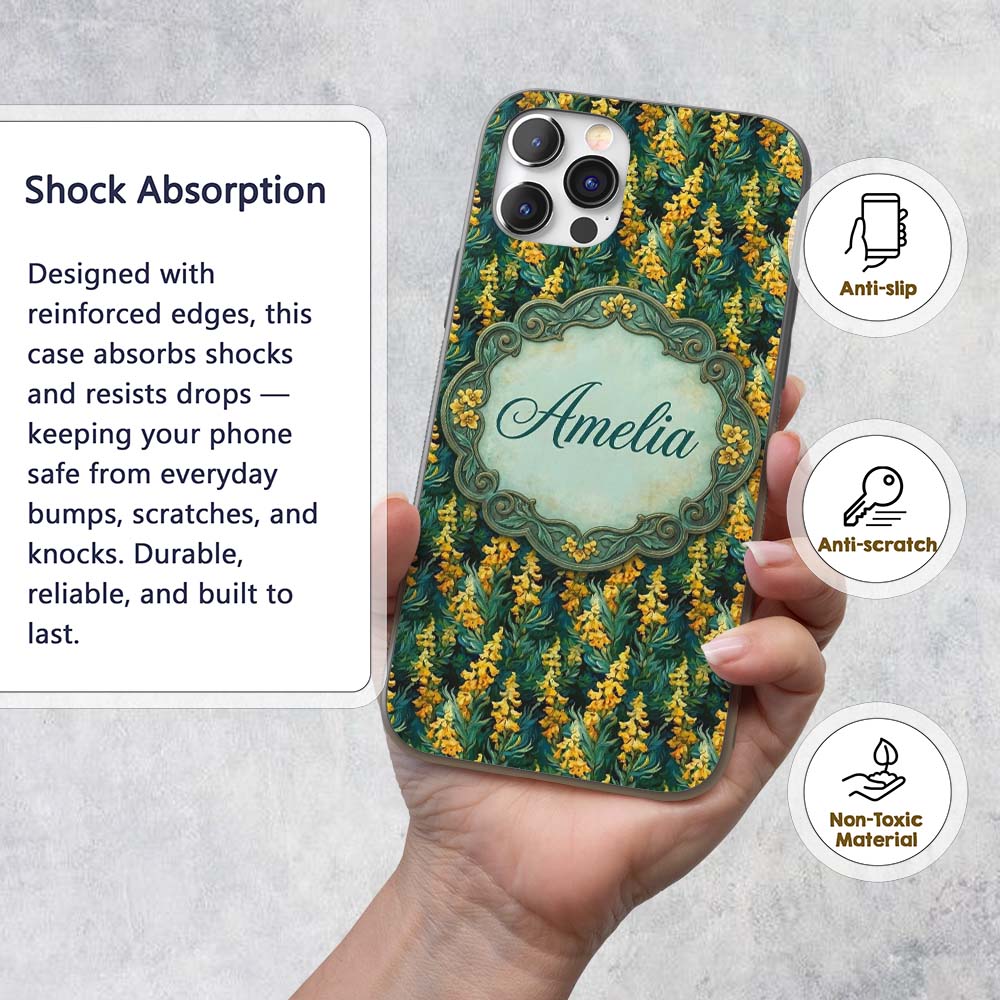 Rich Dark Botanical Pattern with Golden Yellow Custom Name Protective Phone Case Mobile Cover Durable Everyday Smartphone Shock Resistant