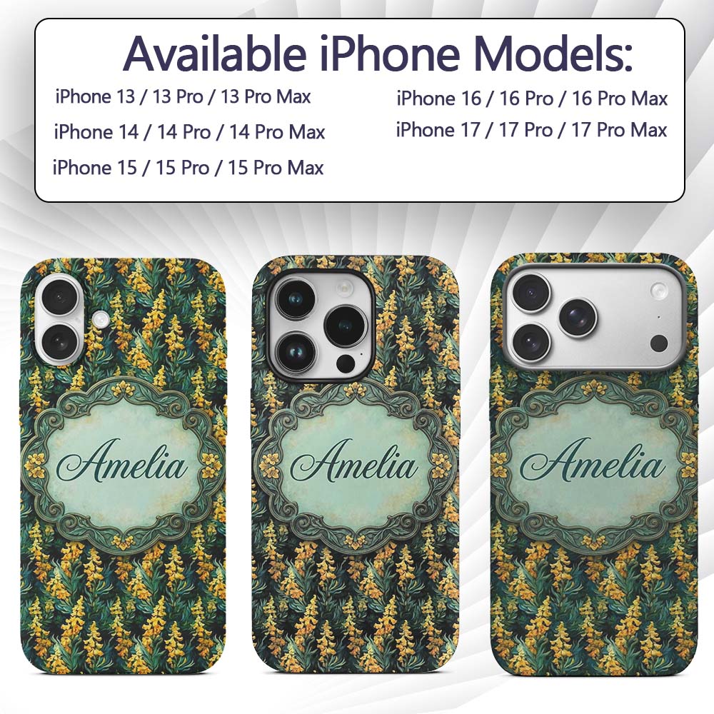 Rich Dark Botanical Pattern with Golden Yellow Custom Name Protective Phone Case Mobile Cover Durable Everyday Smartphone Shock Resistant