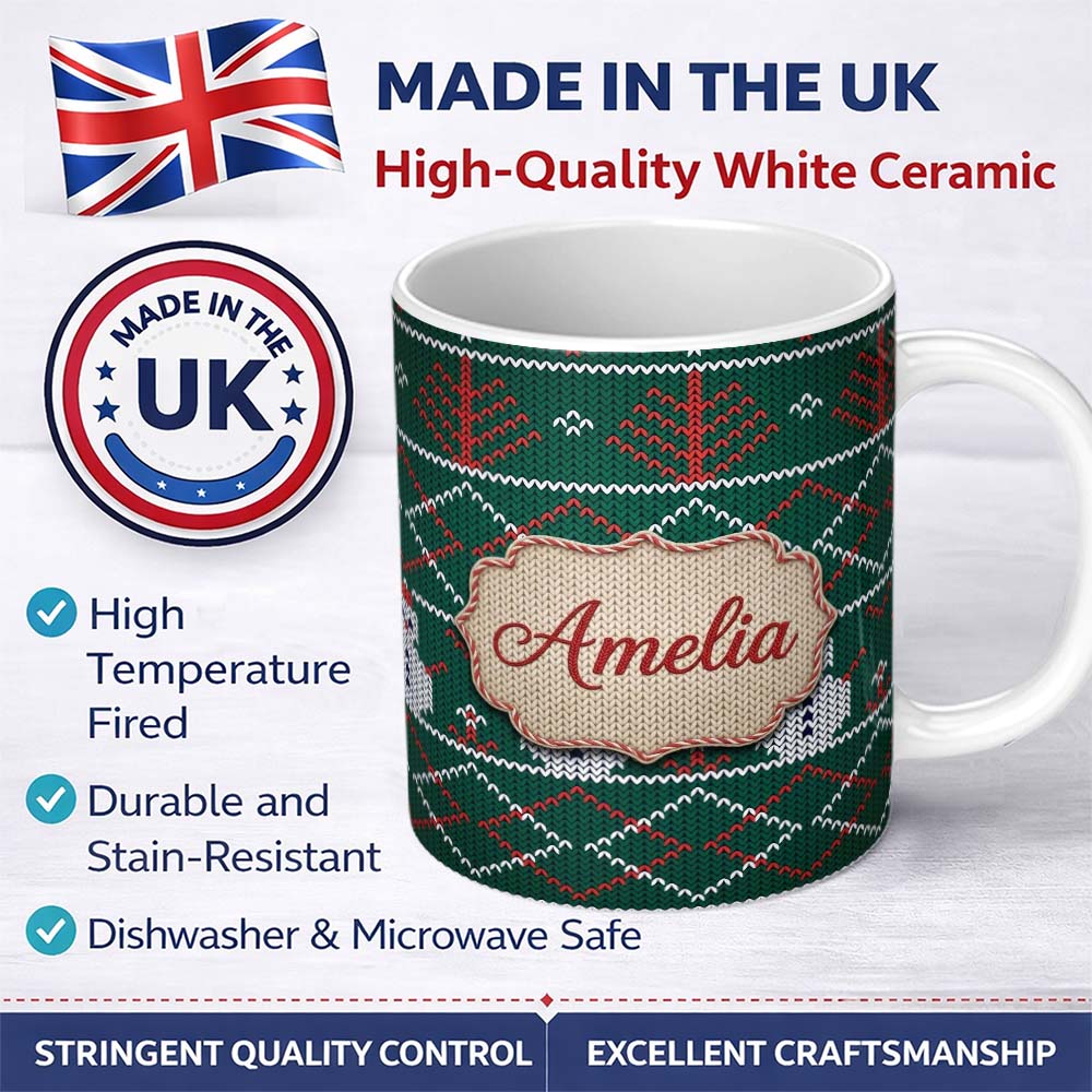 Personalized Custom Name Cute Green Nordic Llama Alpaca Winter Christmas Knitted Seamless 11oz Ceramic Coffee Tea Mug White Large Handle