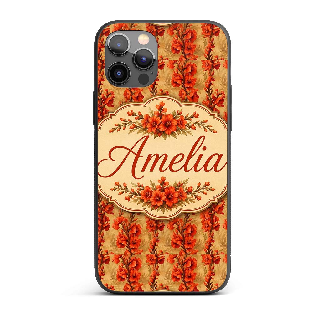 Bold Red Gladiolus Floral Seamless Pattern on Custom Name Protective Phone Case Mobile Cover Durable Everyday Smartphone Shock Resistant