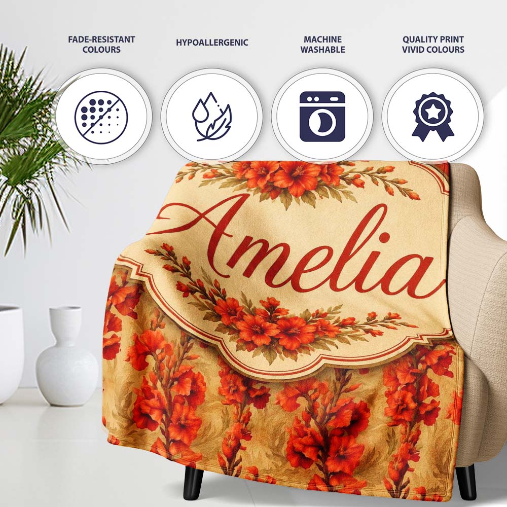Bold Red Gladiolus Floral Seamless Pattern on Beige Vintage Lovely Personalised Custom Name Super Soft Fleece Blanket Bed Sofa Throw