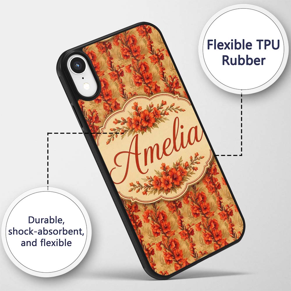 Bold Red Gladiolus Floral Seamless Pattern on Custom Name Protective Phone Case Mobile Cover Durable Everyday Smartphone Shock Resistant