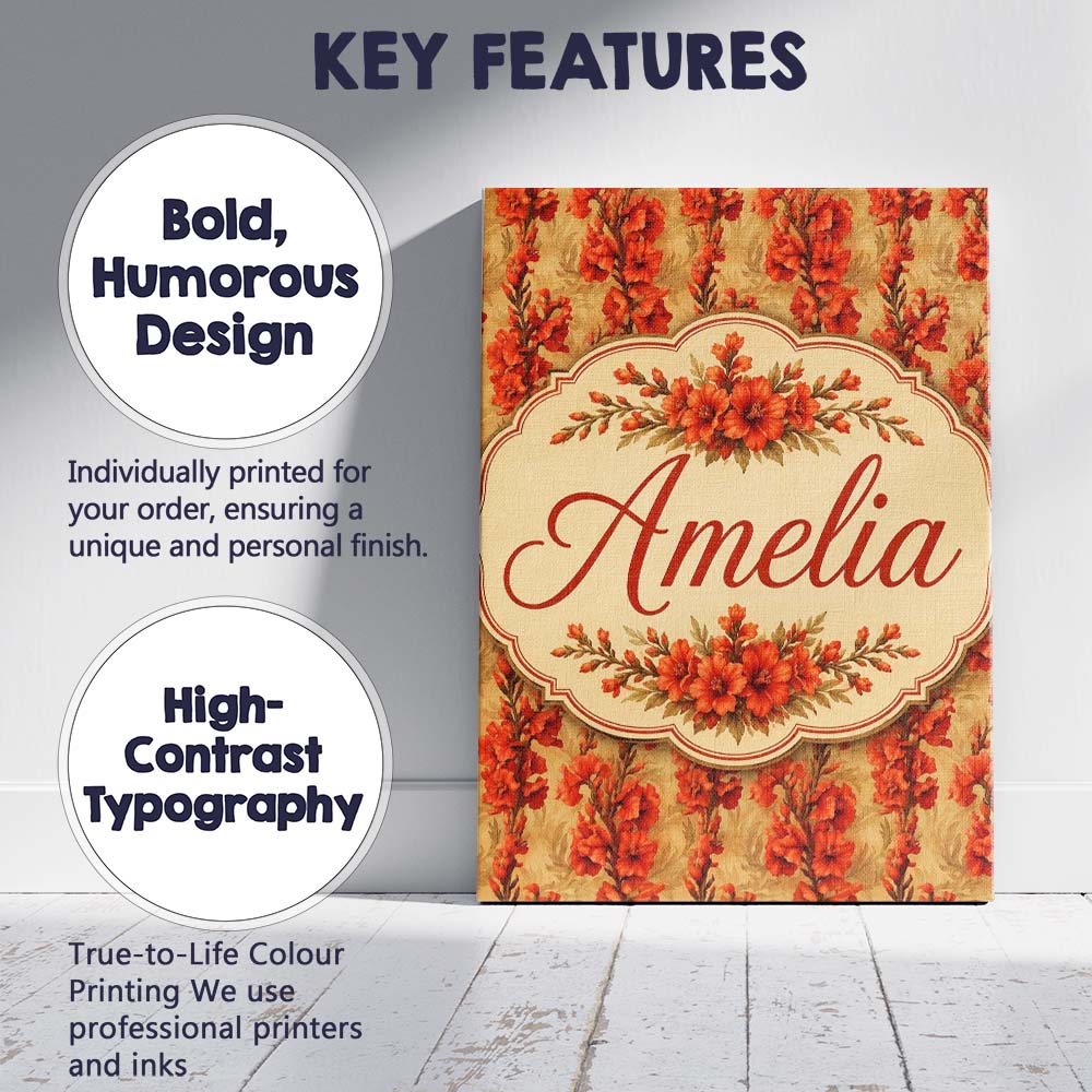 Personalised Name Bold Red Gladiolus Floral Custom Bespoke Interior Contemporary Canvas Wall Art Print Decor Picture Ready to Hang