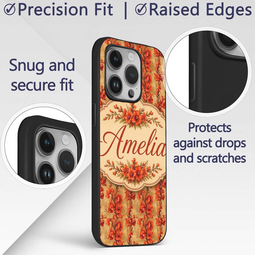 Bold Red Gladiolus Floral Seamless Pattern on Custom Name Protective Phone Case Mobile Cover Durable Everyday Smartphone Shock Resistant