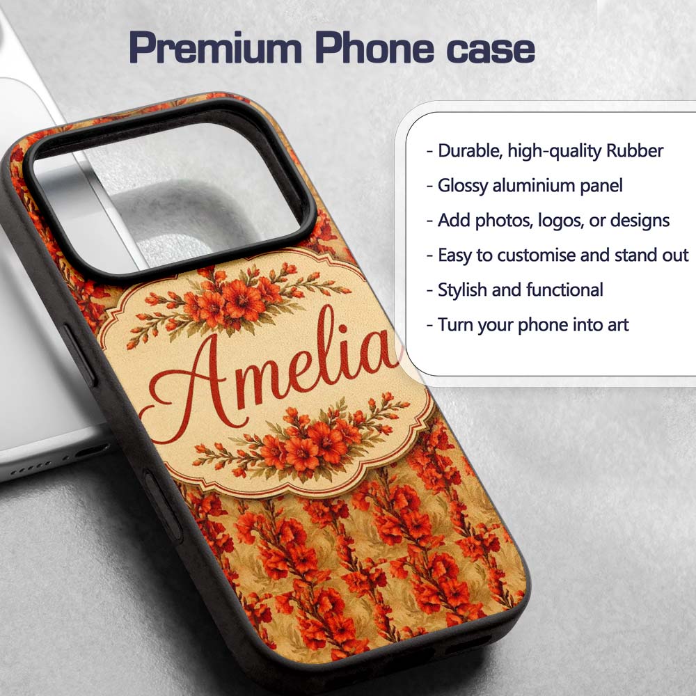 Bold Red Gladiolus Floral Seamless Pattern on Custom Name Protective Phone Case Mobile Cover Durable Everyday Smartphone Shock Resistant