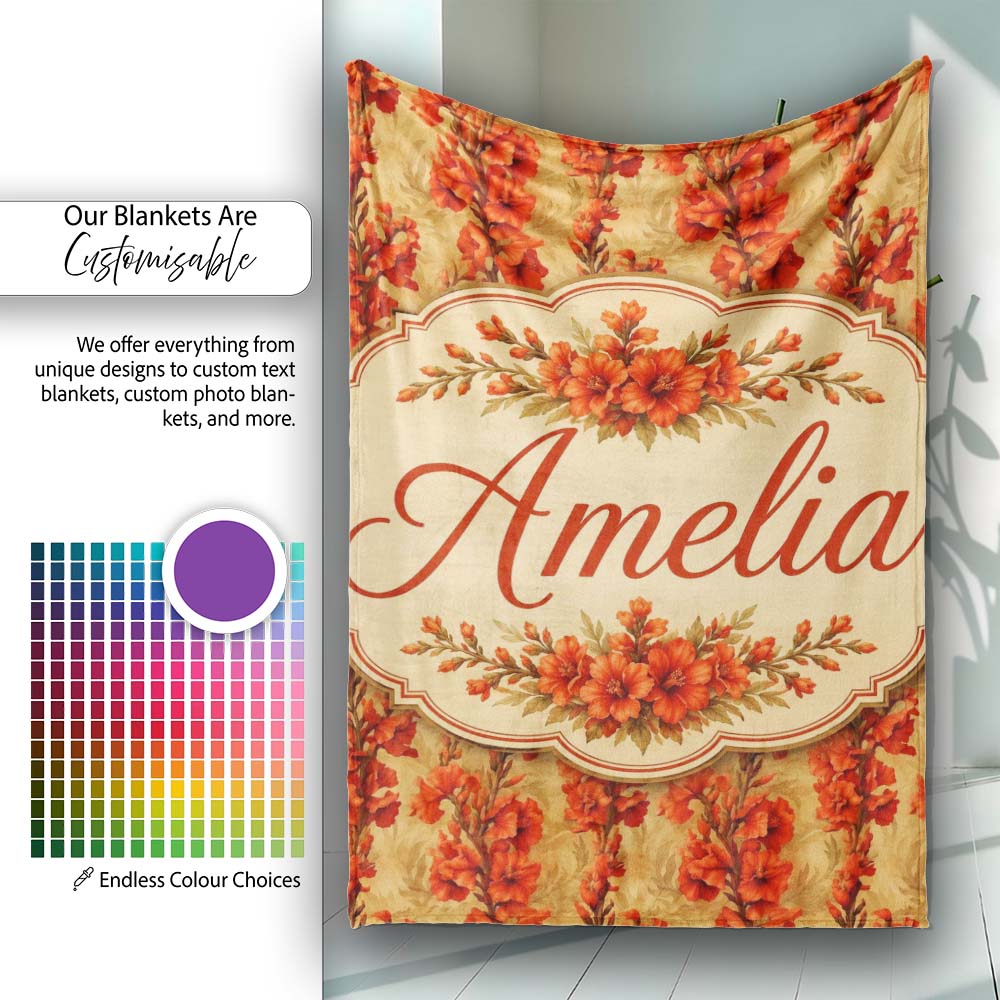Bold Red Gladiolus Floral Seamless Pattern on Beige Vintage Lovely Personalised Custom Name Super Soft Fleece Blanket Bed Sofa Throw
