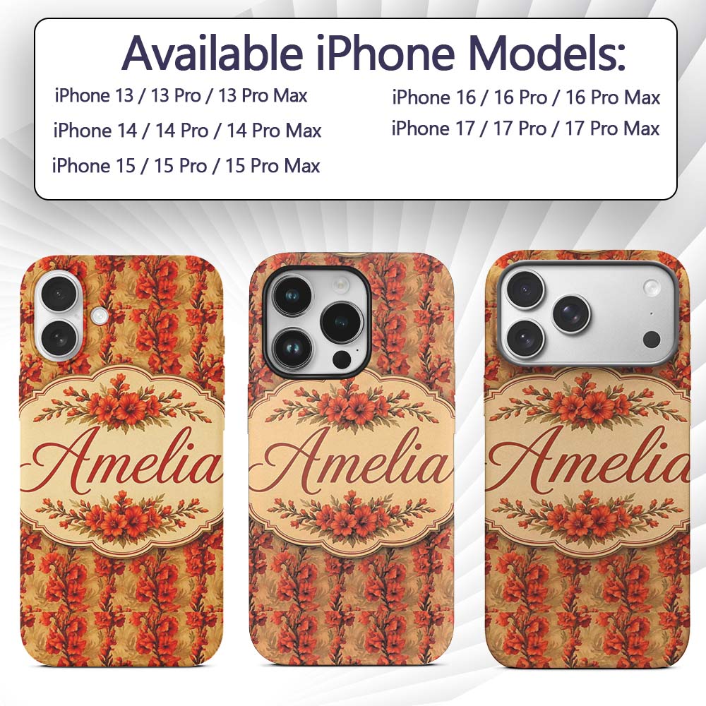Bold Red Gladiolus Floral Seamless Pattern on Custom Name Protective Phone Case Mobile Cover Durable Everyday Smartphone Shock Resistant