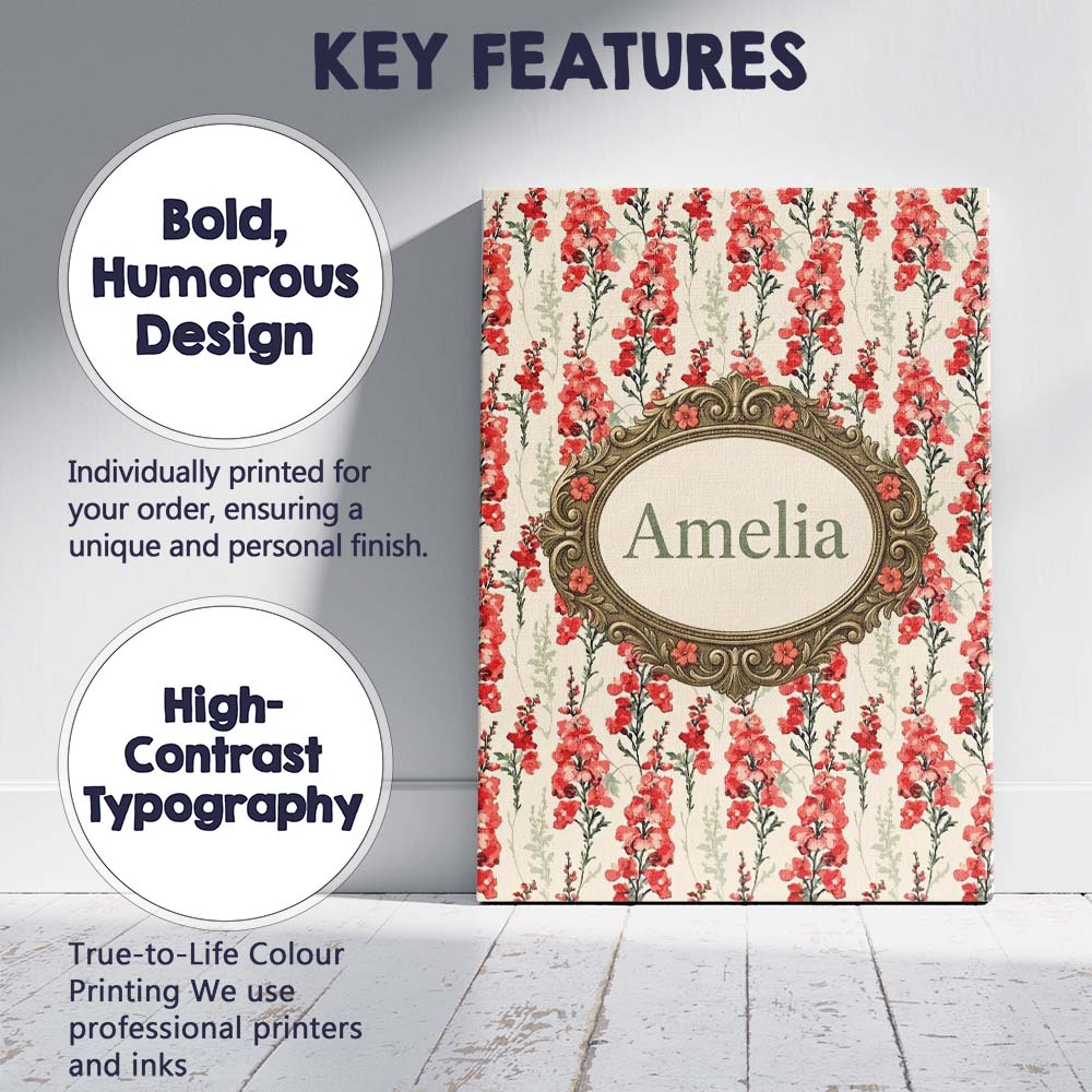 Personalised Name Soft Coral Floral Vertical Custom Bespoke Contemporary Display Canvas Wall Art Print Decor Picture Ready to Hang