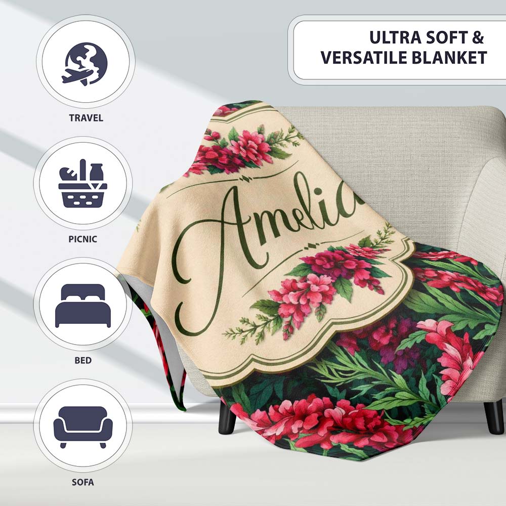 Vibrant Pink Gladiolus Floral on Dark Green Background Botanical Personalised Custom Name Super Soft Fleece Blanket Bed Sofa Throw