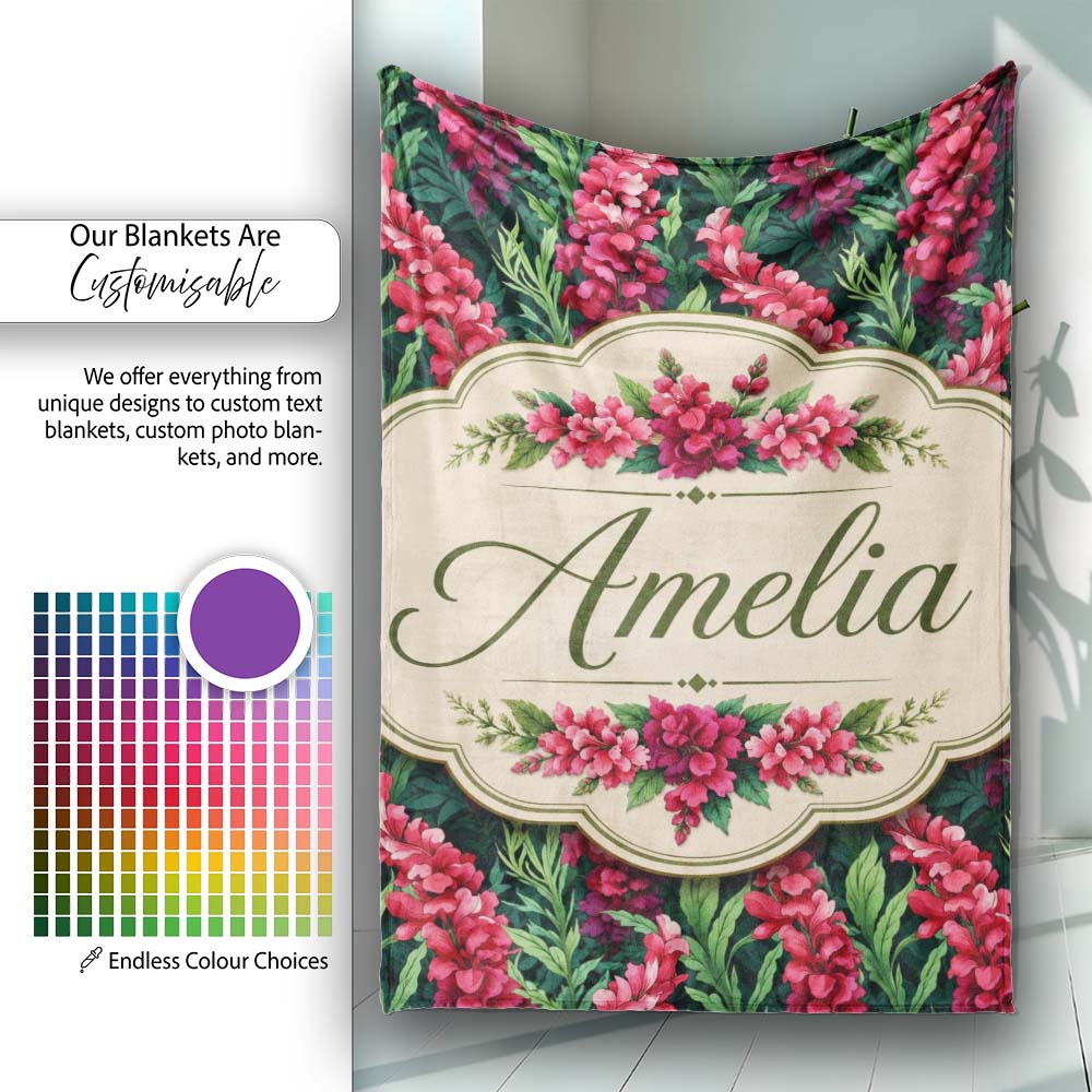 Vibrant Pink Gladiolus Floral on Dark Green Background Botanical Personalised Custom Name Super Soft Fleece Blanket Bed Sofa Throw