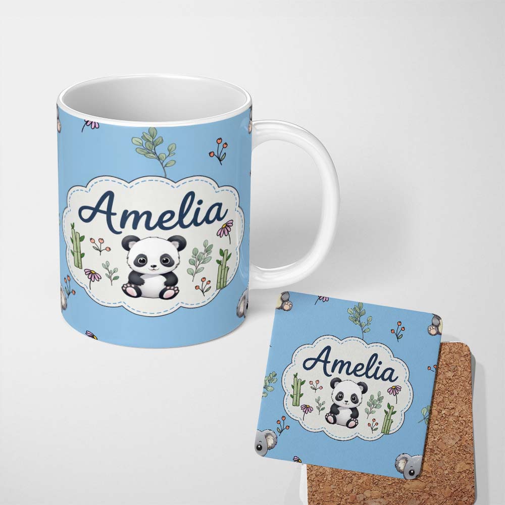 Personalized Custom Name Cute Panda Bear with Bamboo Leaves Floral Seamless Pattern Sky Blue 11oz Ceramic Coffee Tea Mug White Large Handle