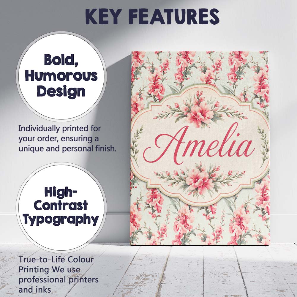 Personalised Name Delicate Pink Floral Custom Modern Room Accent Elegant Feature Canvas Wall Art Print Decor Picture Ready to Hang