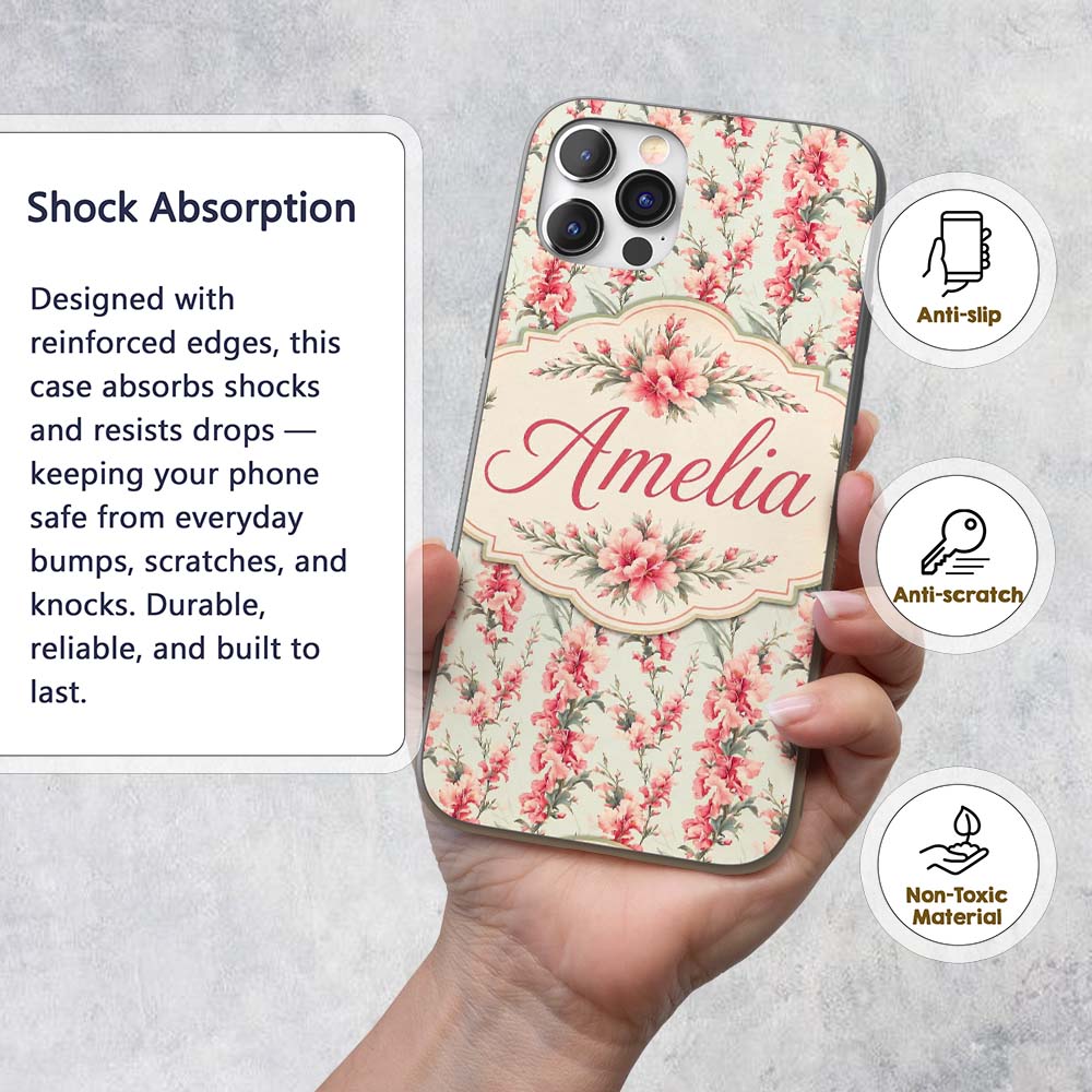 Delicate Pink Floral Seamless Pattern on Soft Custom Name Protective Phone Case Mobile Cover Durable Everyday Smartphone Shock Resistant