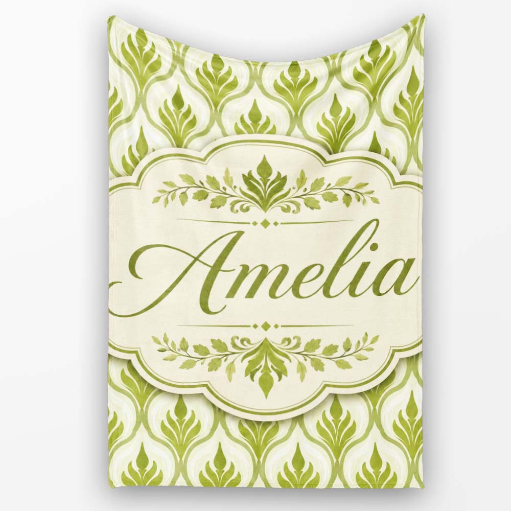 Green Art Deco Leaf Seamless Pattern on Cream Background Geometric Personalised Custom Name Super Soft Fleece Blanket Bed Sofa Throw