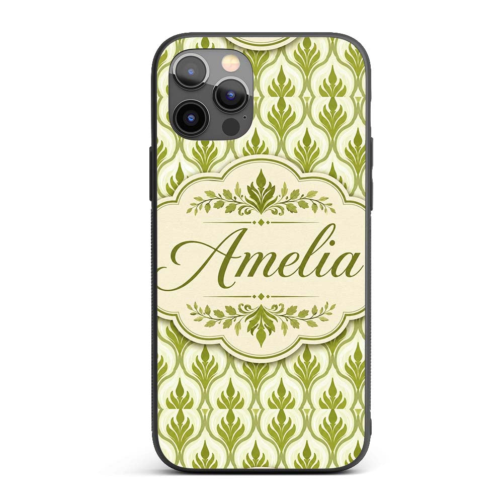 Green Art Deco Leaf Seamless Pattern on Cream Custom Name Protective Phone Case Mobile Cover Durable Everyday Smartphone Shock Resistant