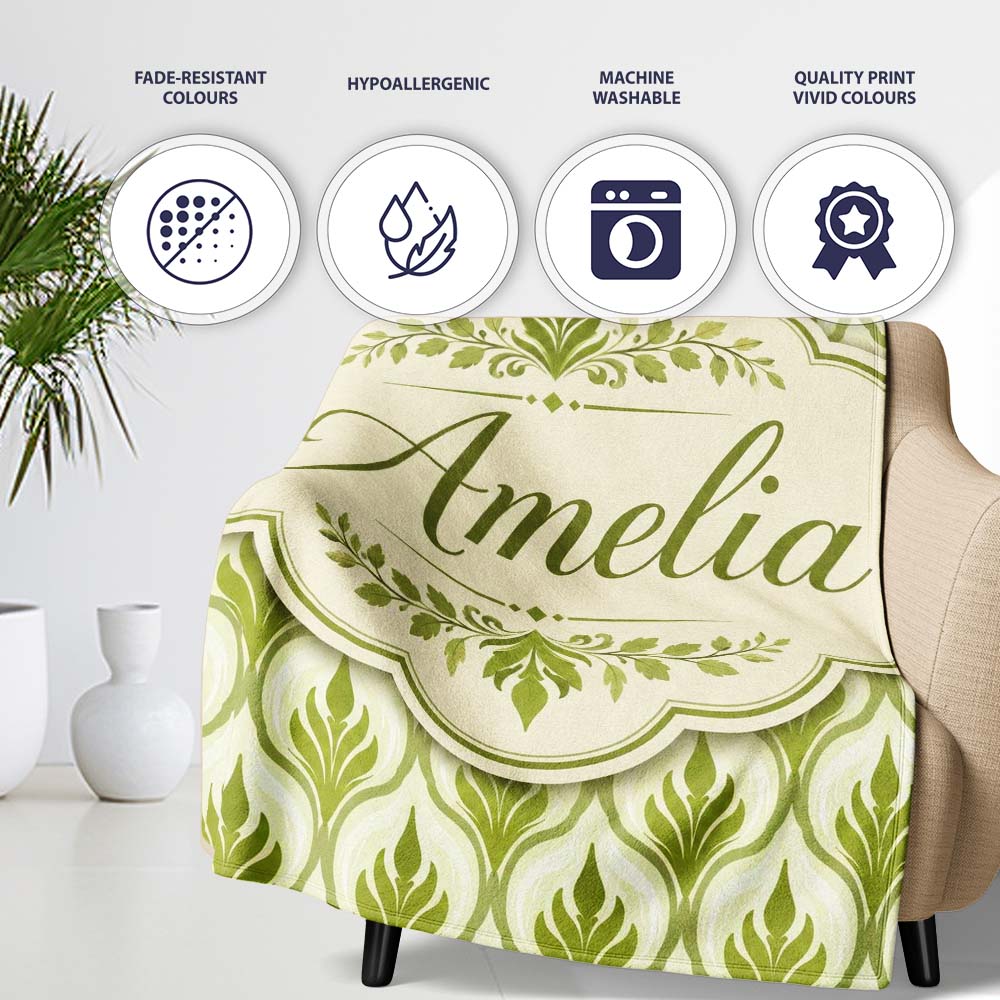 Green Art Deco Leaf Seamless Pattern on Cream Background Geometric Personalised Custom Name Super Soft Fleece Blanket Bed Sofa Throw