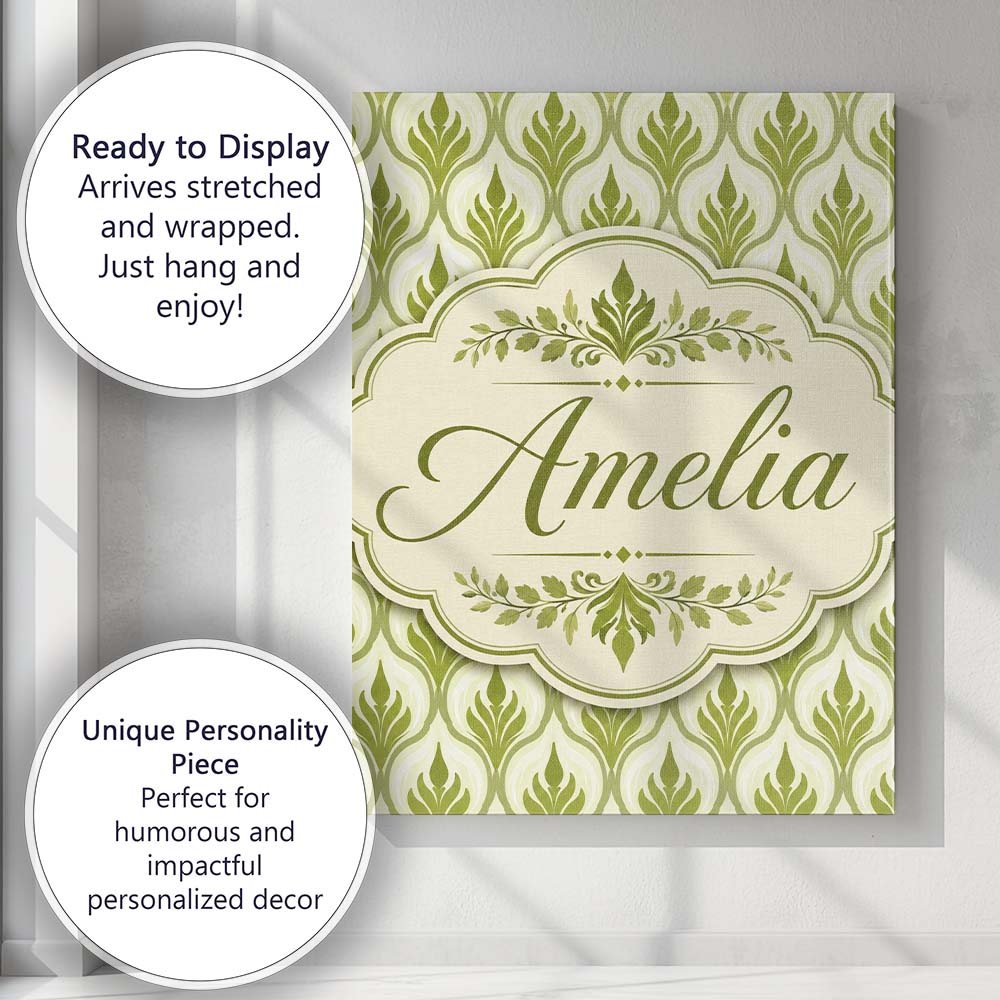 Personalised Name Green Deco Leaf Custom Stylish Home Interior Premium Decorative Design Canvas Wall Art Print Decor Picture Ready to Hang