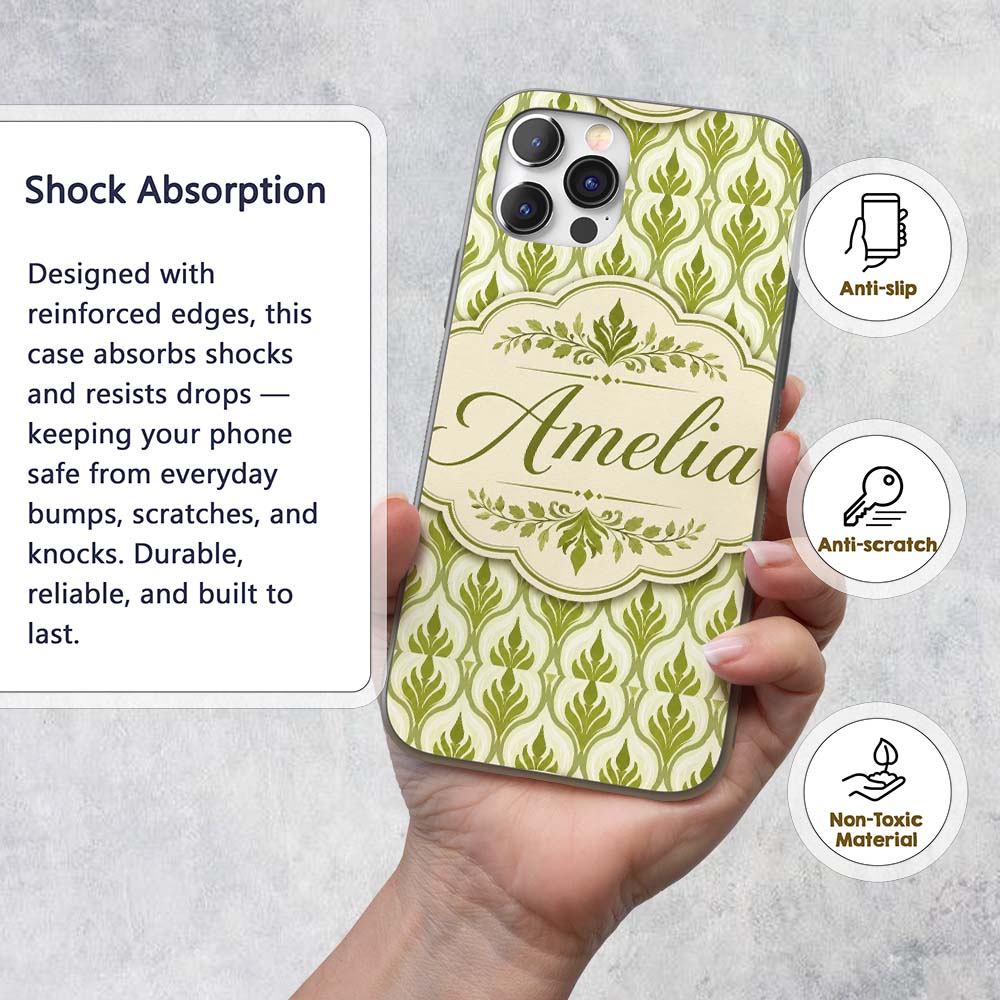 Green Art Deco Leaf Seamless Pattern on Cream Custom Name Protective Phone Case Mobile Cover Durable Everyday Smartphone Shock Resistant