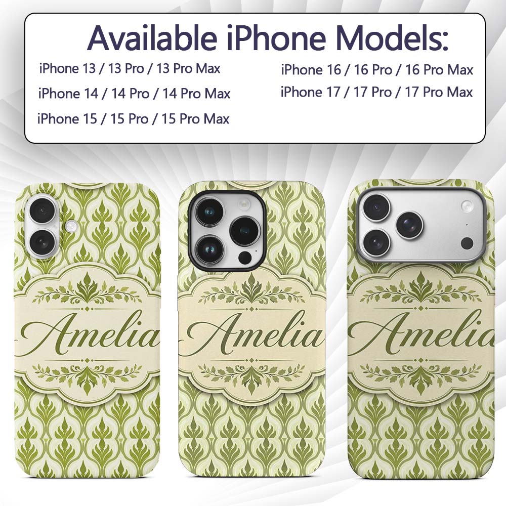 Green Art Deco Leaf Seamless Pattern on Cream Custom Name Protective Phone Case Mobile Cover Durable Everyday Smartphone Shock Resistant