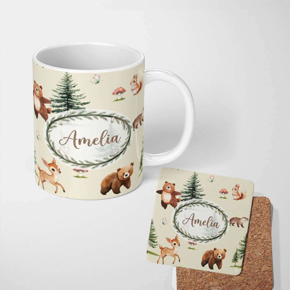 Personalized Custom Name Bear Bunny Squirrel Trees Mushrooms Butterfly Soft Cream Seamless 11oz Ceramic Coffee Tea Mug White Large Handle