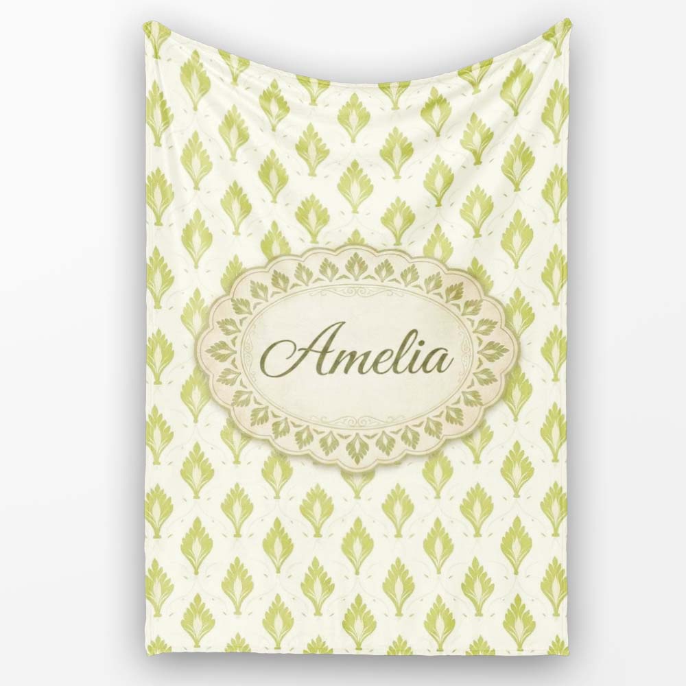 Minimalist Light Green Leaf Motif Seamless Pattern on Cream Lovely Personalised Custom Name Super Soft Fleece Blanket Bed Sofa Throw