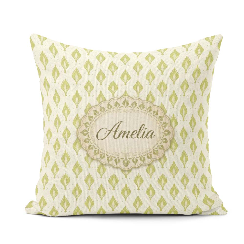 Custom Name Minimalist Light Green Leaf Motif Seamless on Cream Square Filled Cushion Throw Pillow Sofa Bed Home Decor Zip Washable UK Made