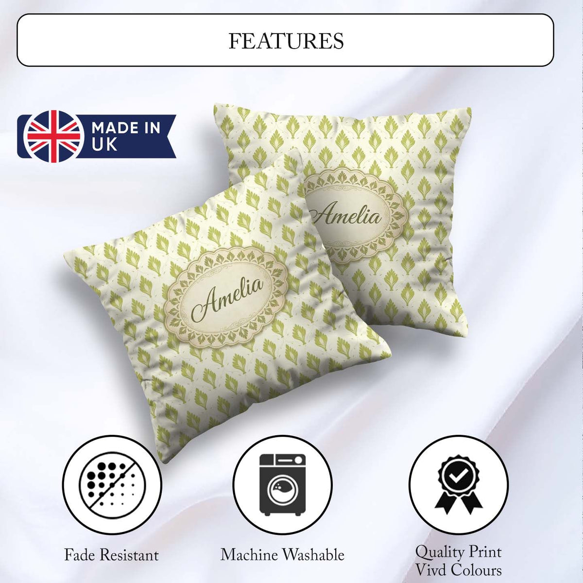 Custom Name Minimalist Light Green Leaf Motif Seamless on Cream Square Filled Cushion Throw Pillow Sofa Bed Home Decor Zip Washable UK Made