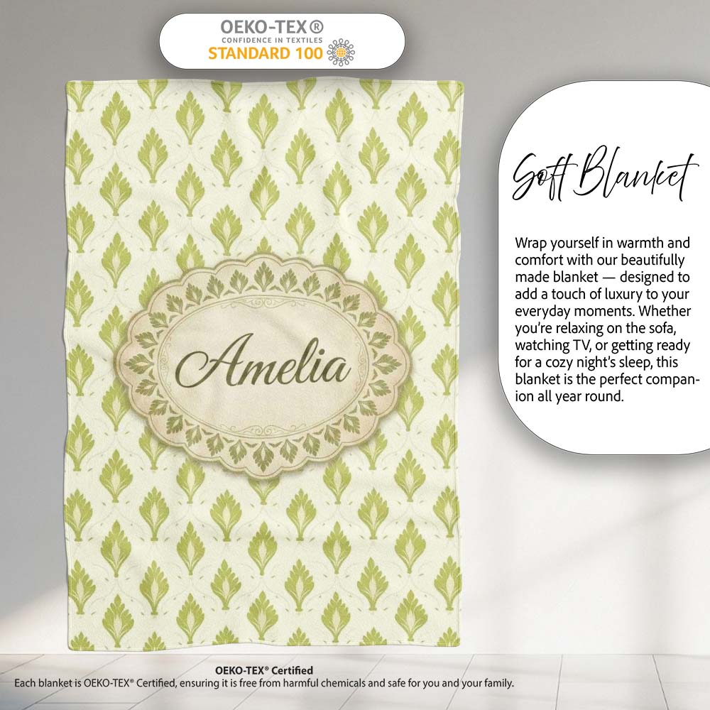 Minimalist Light Green Leaf Motif Seamless Pattern on Cream Lovely Personalised Custom Name Super Soft Fleece Blanket Bed Sofa Throw