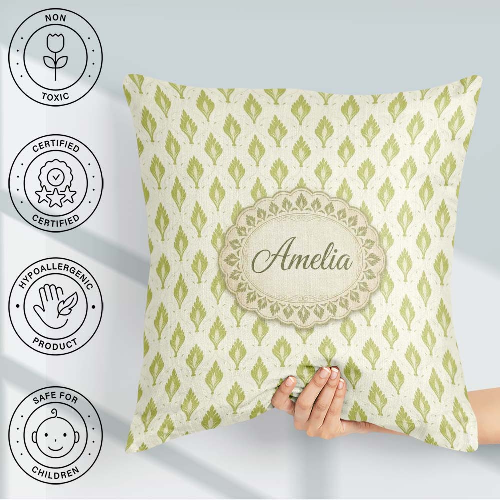 Custom Name Minimalist Light Green Leaf Motif Seamless on Cream Square Filled Cushion Throw Pillow Sofa Bed Home Decor Zip Washable UK Made