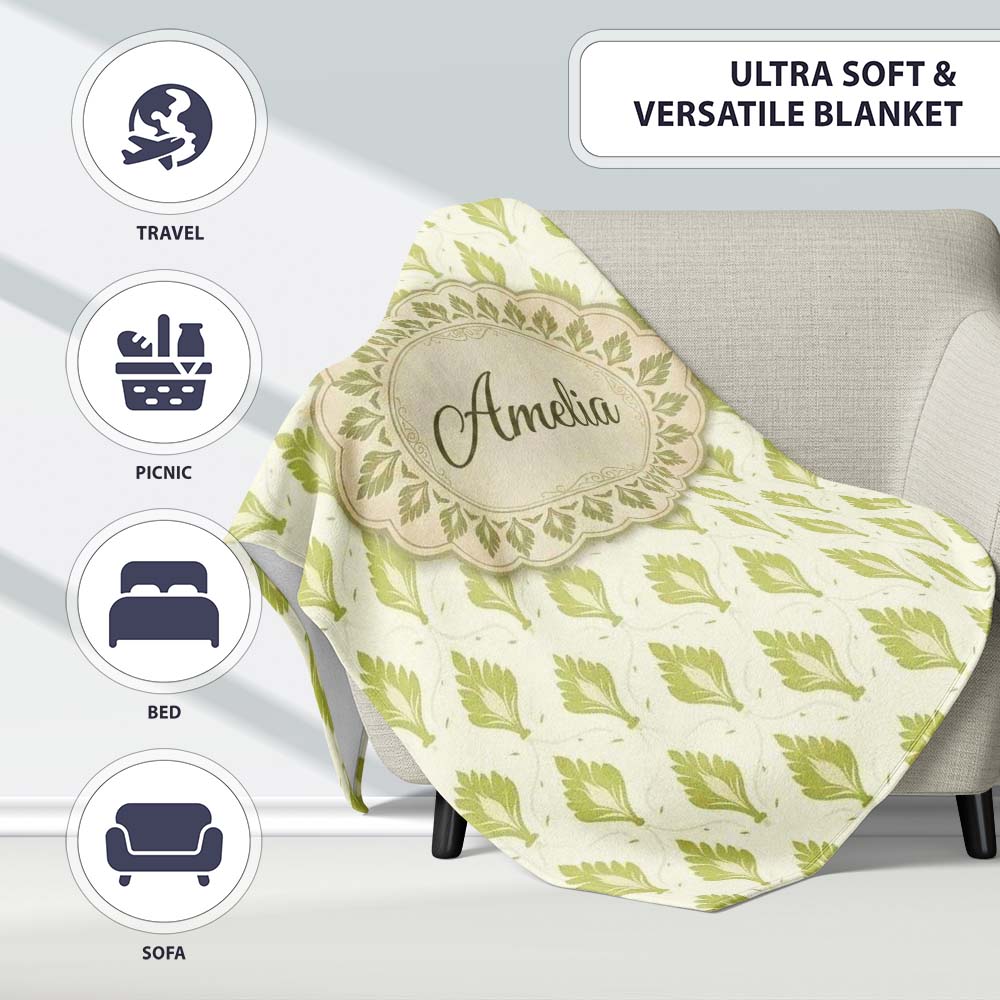 Minimalist Light Green Leaf Motif Seamless Pattern on Cream Lovely Personalised Custom Name Super Soft Fleece Blanket Bed Sofa Throw