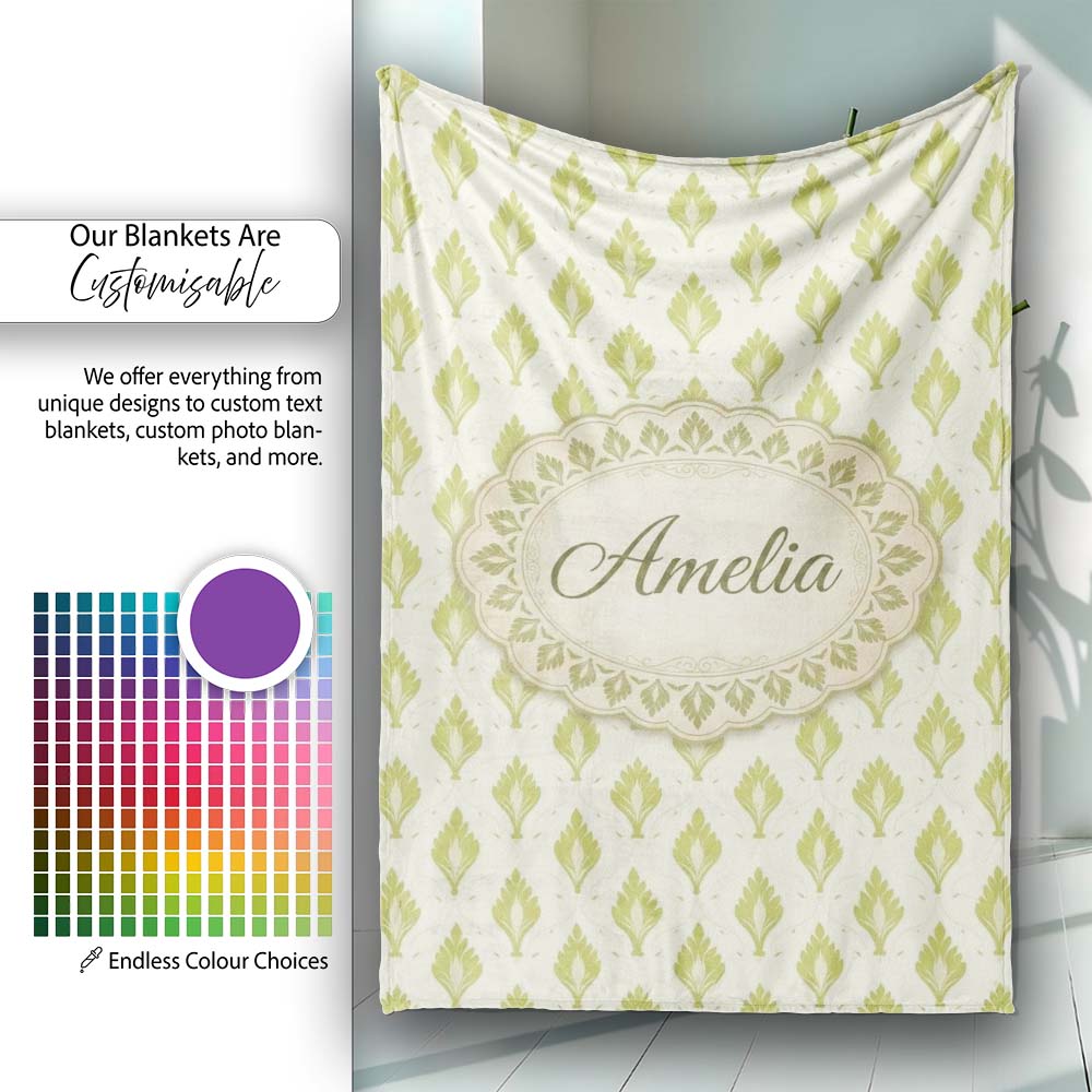 Minimalist Light Green Leaf Motif Seamless Pattern on Cream Lovely Personalised Custom Name Super Soft Fleece Blanket Bed Sofa Throw