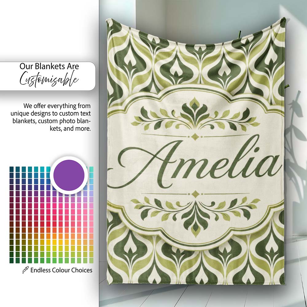 Green Abstract Damask on Cream Background Mid Century Style Lovely Personalised Custom Name Super Soft Fleece Blanket Bed Sofa Throw