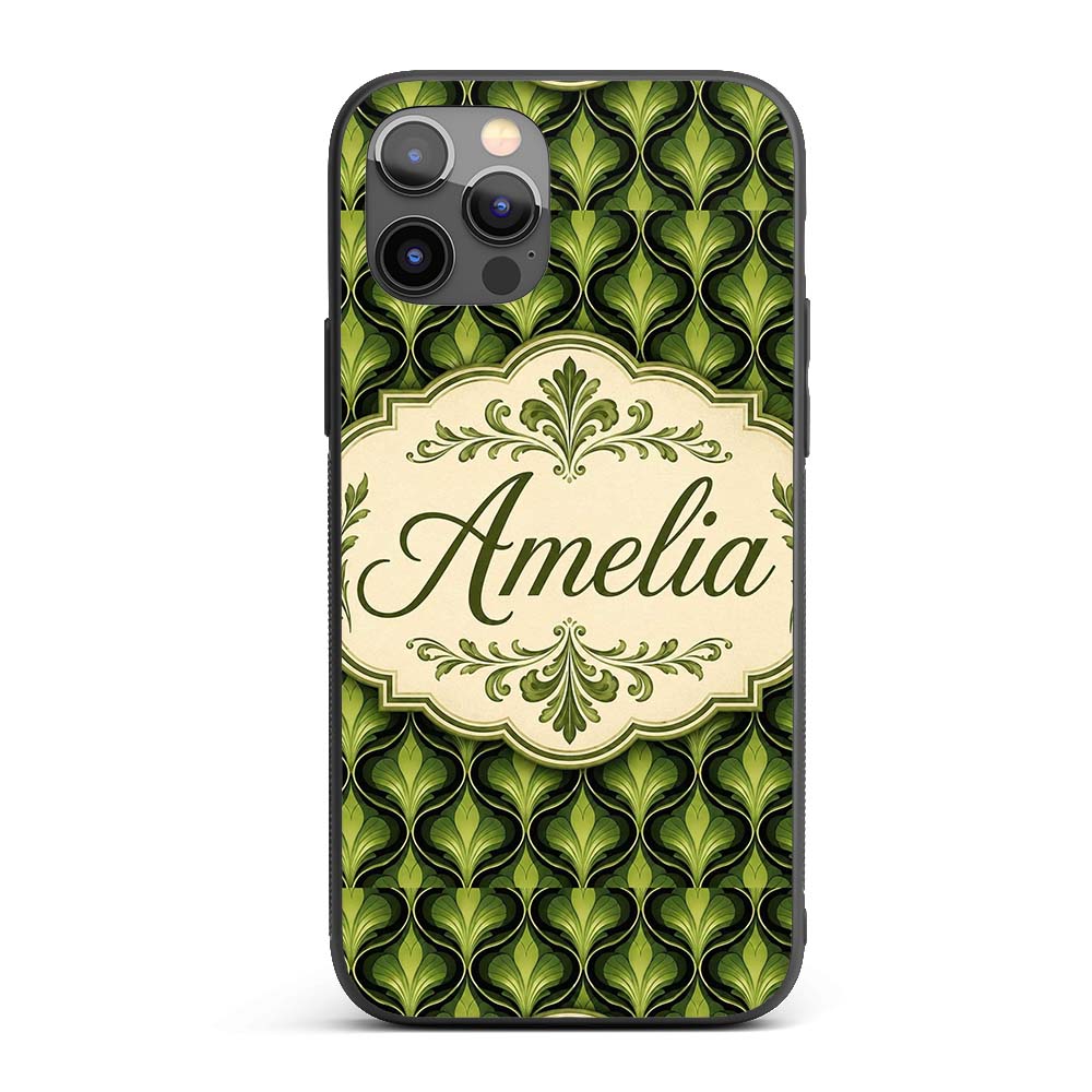 Elegant Olive Green Art Deco Leaf Printed Design Custom Name Protective Phone Case Mobile Cover Durable Everyday Smartphone Shock Resistant