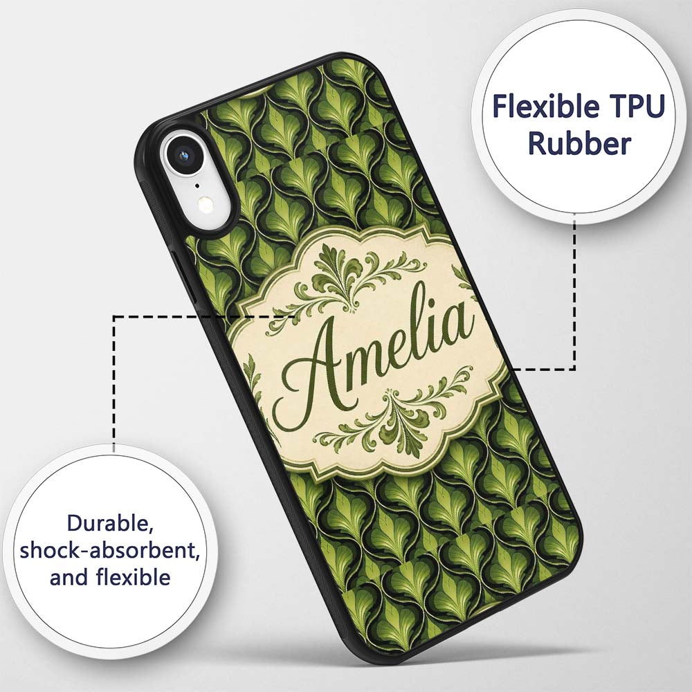 Elegant Olive Green Art Deco Leaf Printed Design Custom Name Protective Phone Case Mobile Cover Durable Everyday Smartphone Shock Resistant