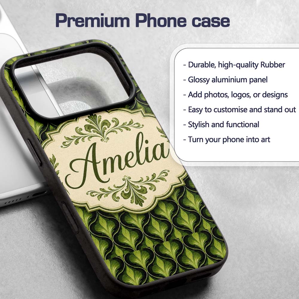 Elegant Olive Green Art Deco Leaf Printed Design Custom Name Protective Phone Case Mobile Cover Durable Everyday Smartphone Shock Resistant