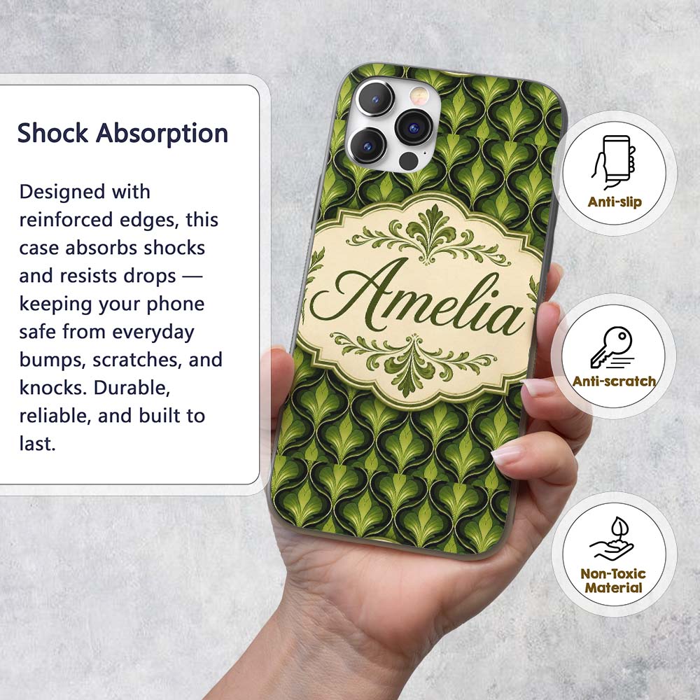 Elegant Olive Green Art Deco Leaf Printed Design Custom Name Protective Phone Case Mobile Cover Durable Everyday Smartphone Shock Resistant