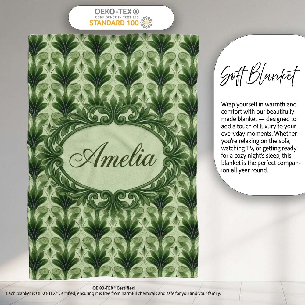 Dark Green Leaf Wave Seamless Pattern with Organic Flowing Shapes Personalised Custom Name Super Soft Fleece Blanket Bed Sofa Throw