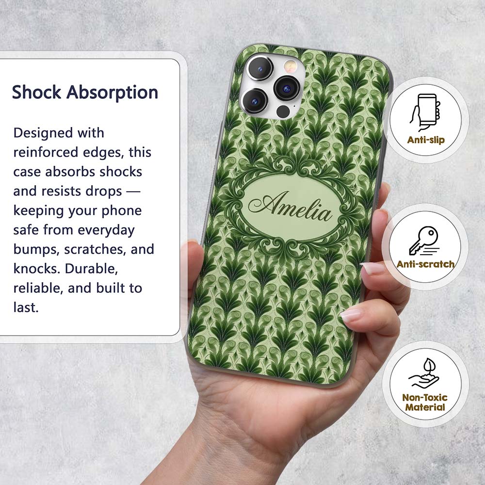 Dark Green Leaf Wave Seamless Printed Design Custom Name Protective Phone Case Mobile Cover Durable Everyday Smartphone Shock Resistant