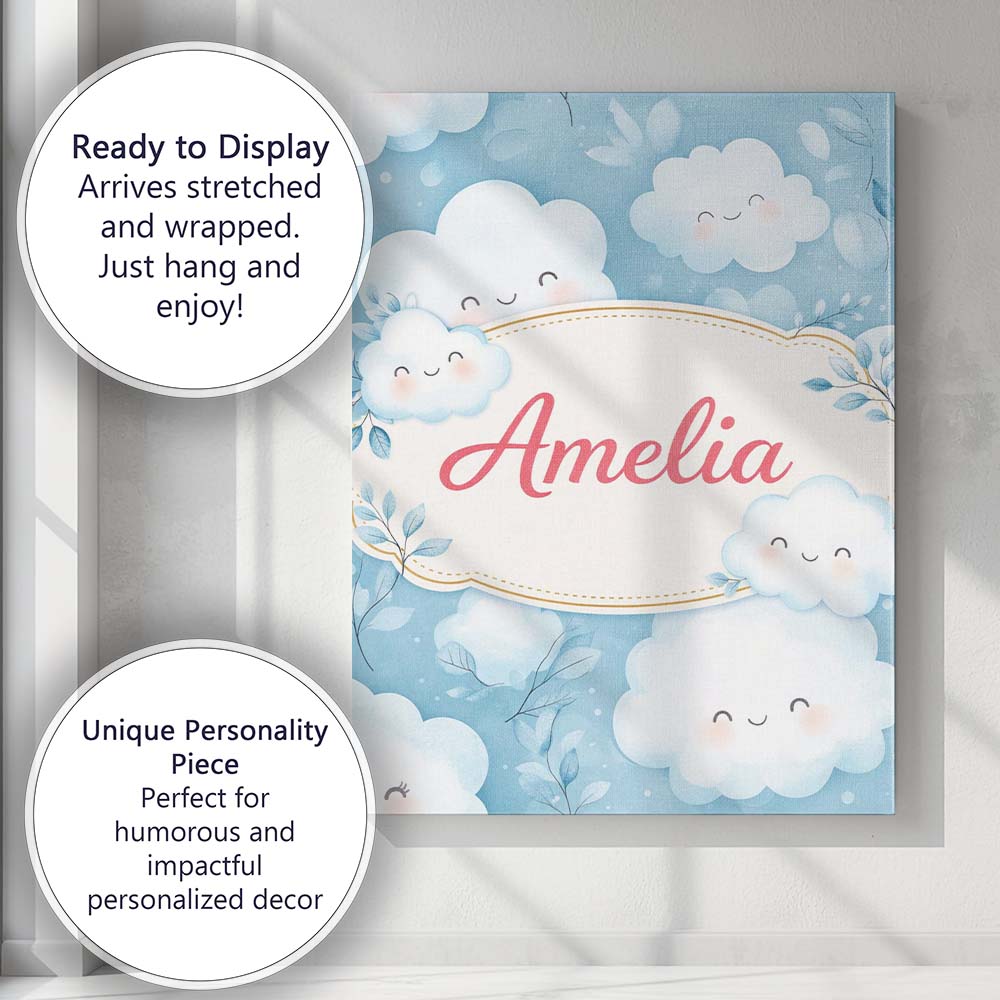 Personalised Name Soft Smiling Cloud Blue Sky Baby Pattern Stylish Custom Unique Canvas Wall Art Print Decor Picture Ready to Hang